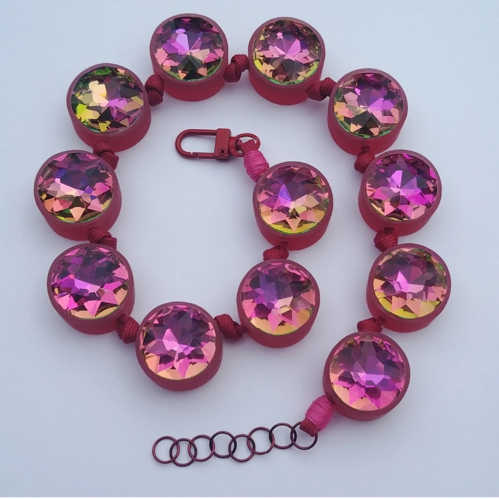 Handmade Crystal Necklace Iridescent Red Pink Burgundy Cranberry Mixed Media